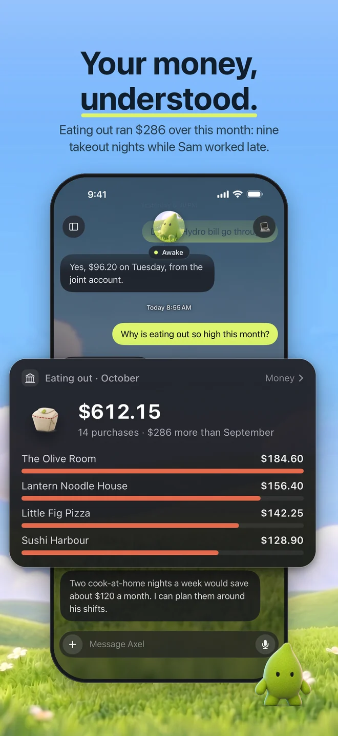 Axel on iPhone explaining why eating out ran $286 over this month, restaurant by restaurant