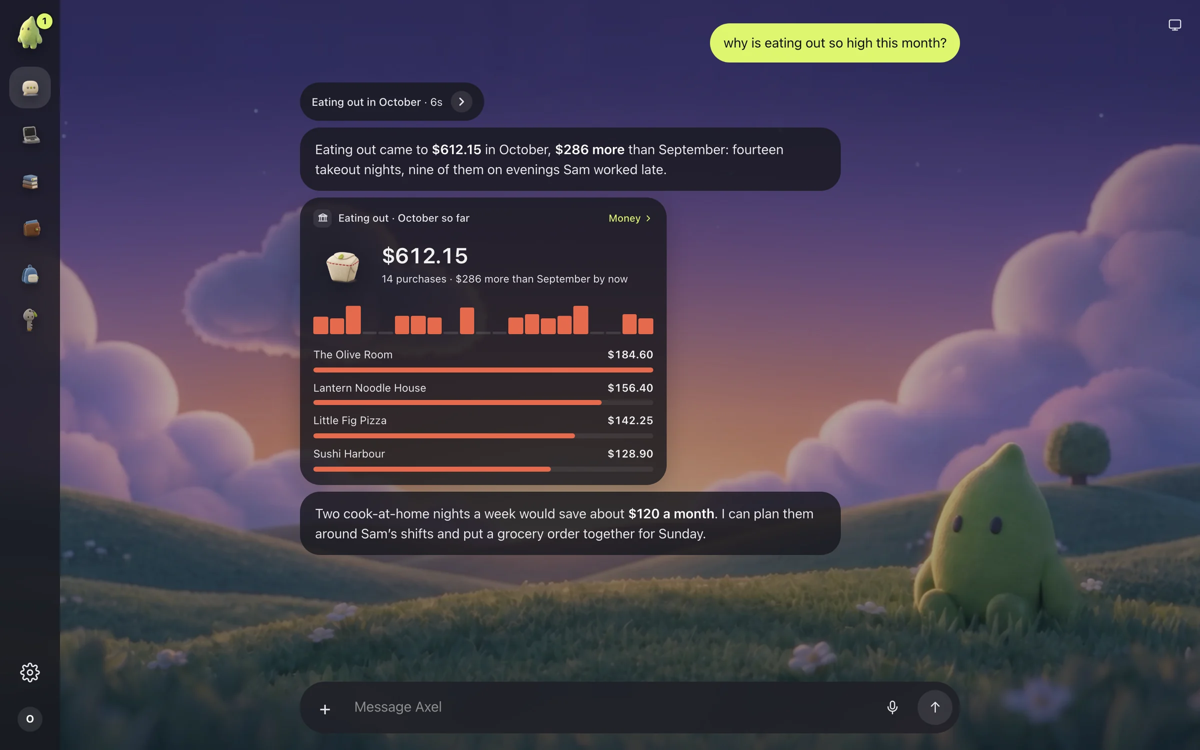 Axel on the web at dusk: asked why eating out is so high this month, he answers with a Money card showing October’s eating out day by day and where it went, and offers a plan